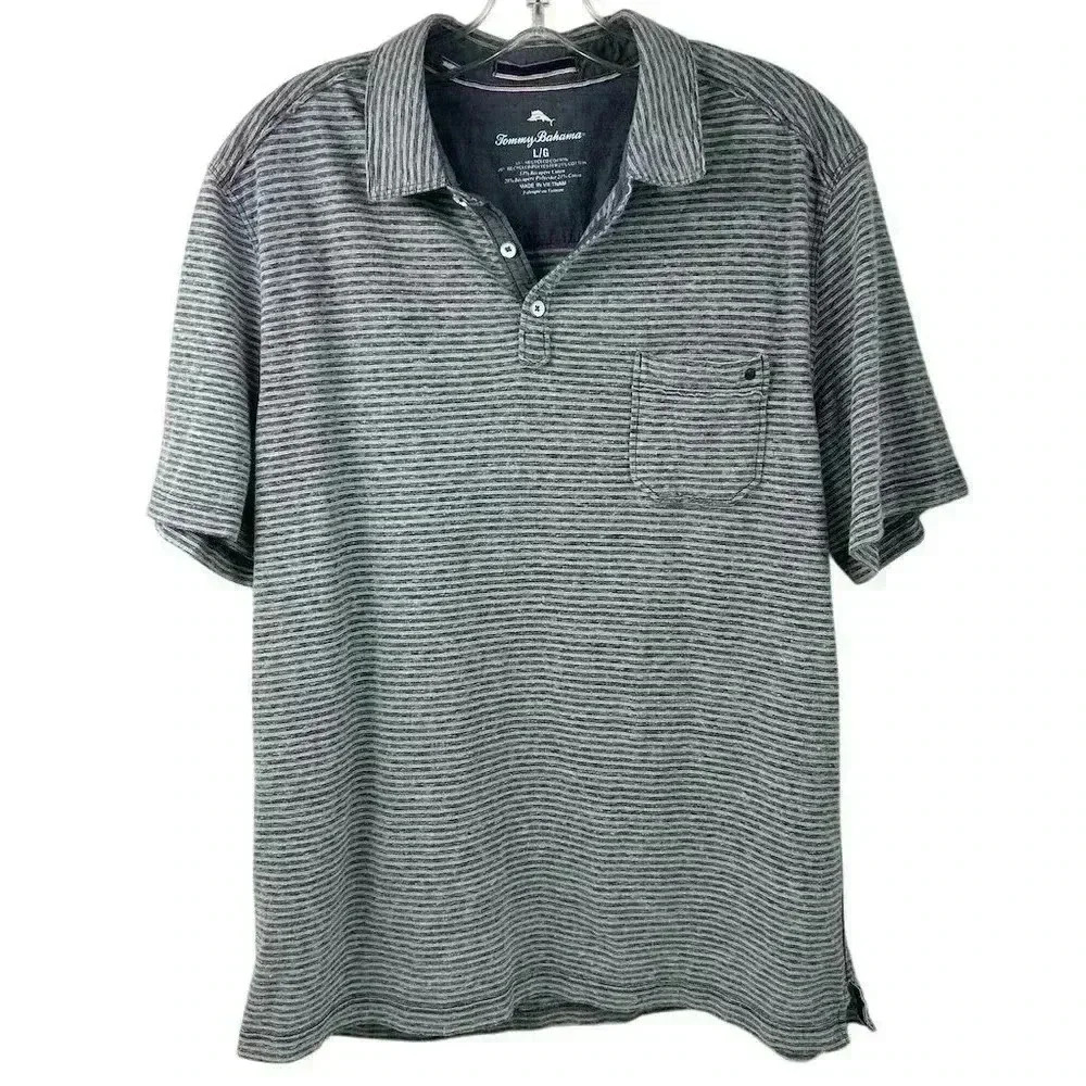 Tommy Bahama Men's Sand Harbor Gray Stripe‎ Short Sleeve Polo Shirt Size L soft
